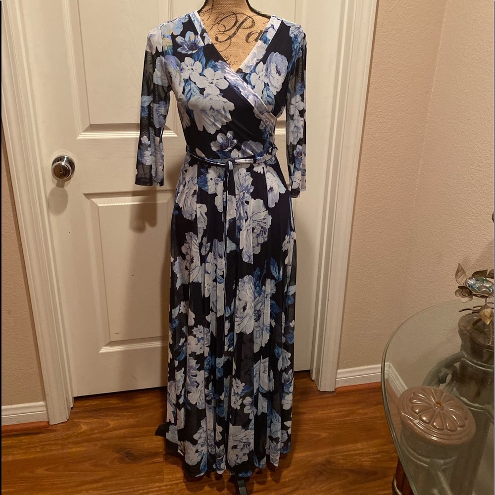 Blue and black floral maxi dress.
